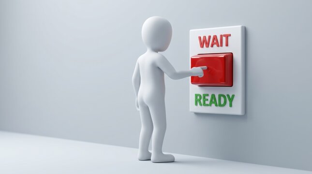 Waiting for Activation: A 3D white figure presses a red button on a wall panel marked WAIT and READY, symbolizing anticipation and the moment before action.
