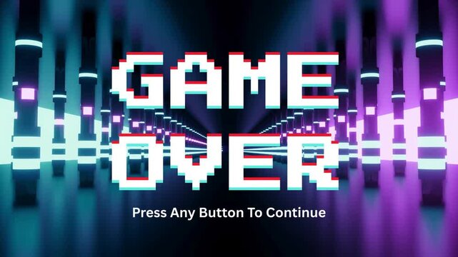 Vibrant retro-futuristic 'Game Over' screen with glowing neon lights, digital pixel art text, and an invitation to continue the immersive virtual experience on a dark background