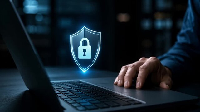 Digital security and cyber protection concept a hand using a laptop with a glowing shield and padlock icon, symbolizing data safety and online privacy