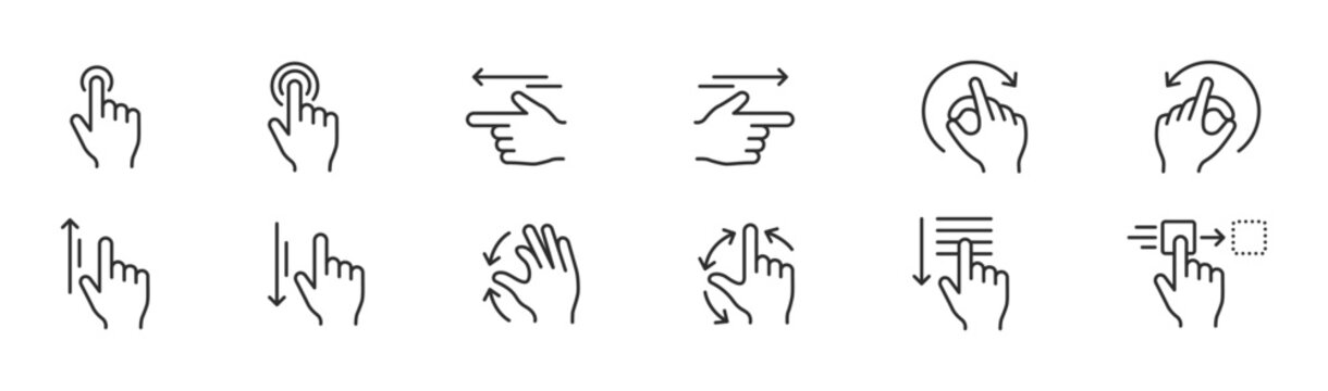 mobile touch interaction gesture icon collection outline vector with tap swipe scroll rotate drag and multitouch controls