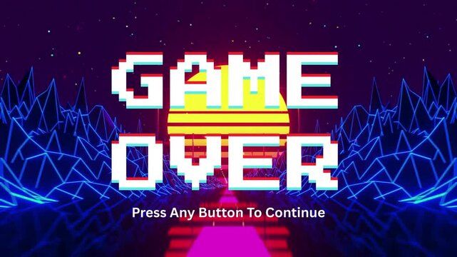 Vibrant retro 80s inspired pixelated 'Game Over' screen with a futuristic neon grid landscape and classic arcade gaming aesthetic, prompting to continue the digital experience