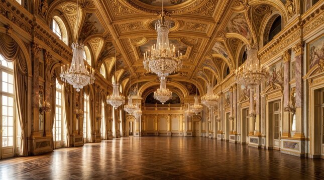 Luxurious hall with ornate chandeliers, gilded ceiling, and marble floor in opulent architectural style