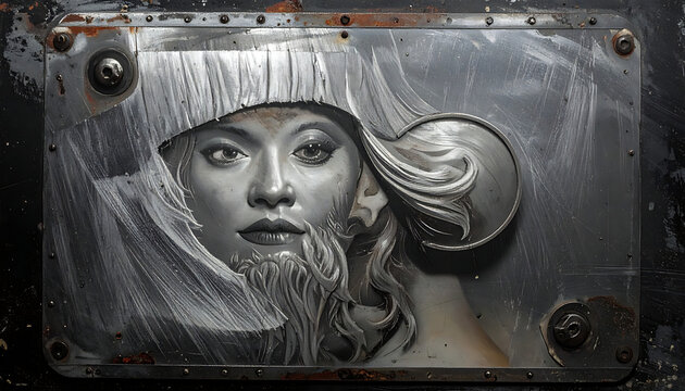 Intricate metallic portrait of a woman's face emerging from textured metal, fantasy headdress, steampunk aesthetic, detailed elements