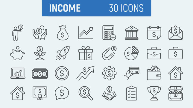 Income Web Icon Set in Linear Style. Collection of money, line icons, including money, payment, earnings, pension, economy, bonus, dividend, tax, accounting, financial and more. Editable stroke