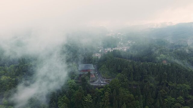 Aerial View of Misty World Heritage Koyasan on an Early Summer Morning, Koya, Wakayama, Japan　「霧が立ちこめる世界遺産・高野山の空撮(初夏の朝)」和歌山県高野町