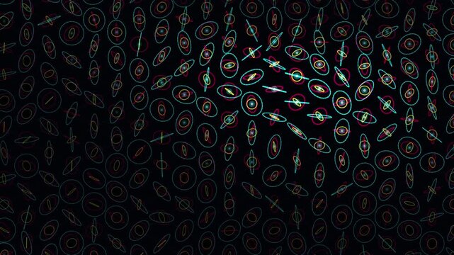 Abstract digital pattern of glowing colorful ellipses and lines on a dark background