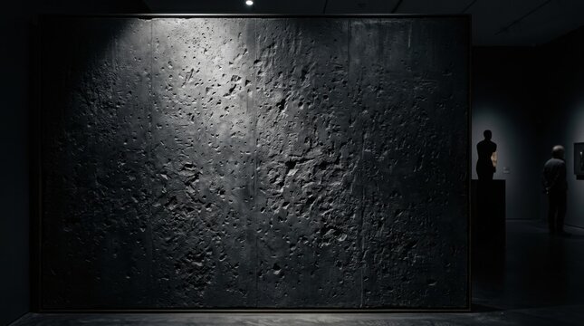 Large deep black concrete wall with a hammered and heavily pitted texture exhibited in a dimly lit art gallery with dramatic spotlighting and silhouettes of figures in the background.