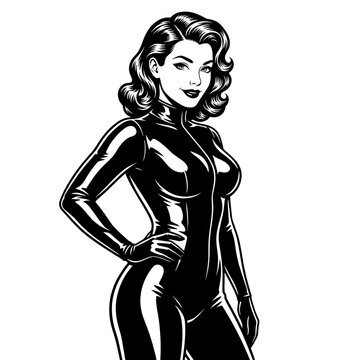 Curvy woman in a tight latex catsuit with a confident smile and vintage pin-up aesthetic, depicted as a fictional character in black-and-white sketch engraving style vector illustration