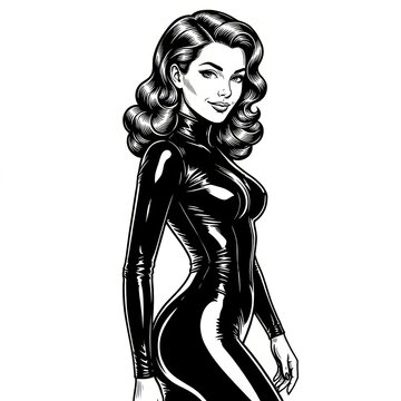 Curvy woman in a tight latex catsuit with a confident smile and vintage pin-up aesthetic, depicted as a fictional character in black-and-white sketch engraving style vector illustration