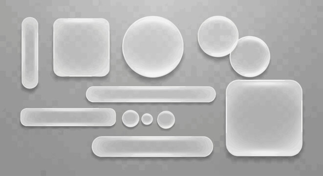 Set of transparent rounded buttons and shapes in various geometric forms for user interface design on a gray background