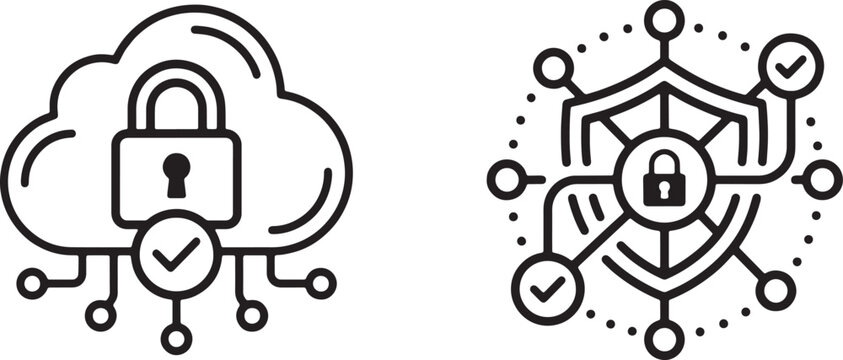 Art & Illustration, Cloud lock database storage and threat analysis network node icon vector. Minimalist circular analytic cybersecurity perimeter.