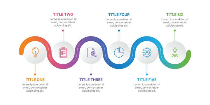 Timeline infographic presentation template with 6 steps or options. Six phase business data visualization timeline process infographic design with icons.
