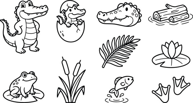 Cute Alligator and Swamp Wildlife Icon Set with Hatching Baby Dino Frog Fish and Lily Pad Vector