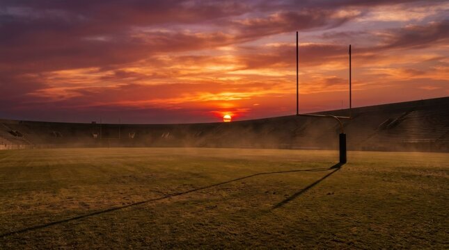 Empty American football stadium at sunset with dramatic orange and purple sky, goalpost casting a long shadow across the grass field, atmospheric mist, and empty bleacher seating.
