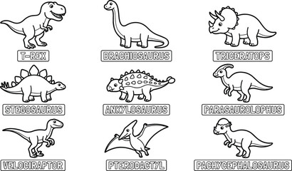 Cute Dinosaur Species Icon Set with T-Rex Brachiosaurus Triceratops and Labels Line Art Vector Illustration © Md shain