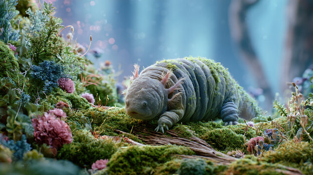 Ultra detailed microscopic illustration of tardigrade water bear crawling on green moss macro photography.