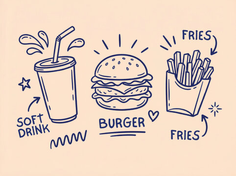 Hand drawn fast food vector set, vintage doodle burger fries and soft drink icons, retro blue line art junk food illustrations on beige background