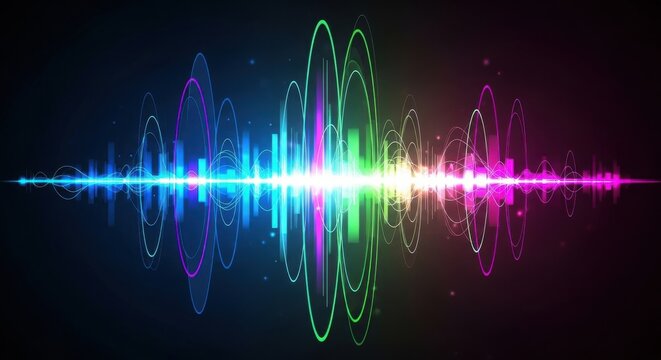 Vibrant neon audio waves and digital equalizer bars glow against a dark Wallpaper Background image