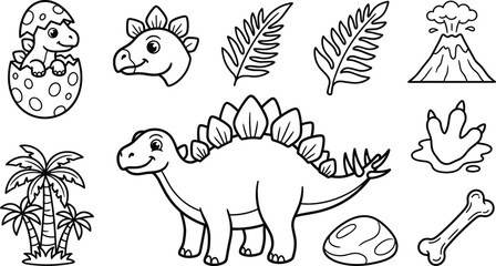 Cute Stegosaurus Dinosaur Icon Set with Hatching Baby Dino Volcano Palm Tree and Bone Line Art Vector © Md shain