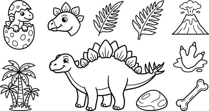 Cute Stegosaurus Dinosaur Icon Set with Hatching Baby Dino Volcano Palm Tree and Bone Line Art Vector