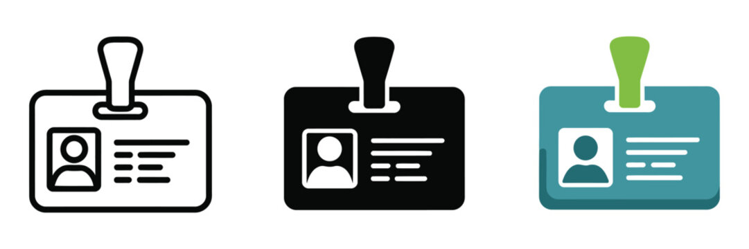 Identification badge icons featuring staff ID cards, visitor passes, and lanyard name tags for workplace security and access control systems. Vector illustration.