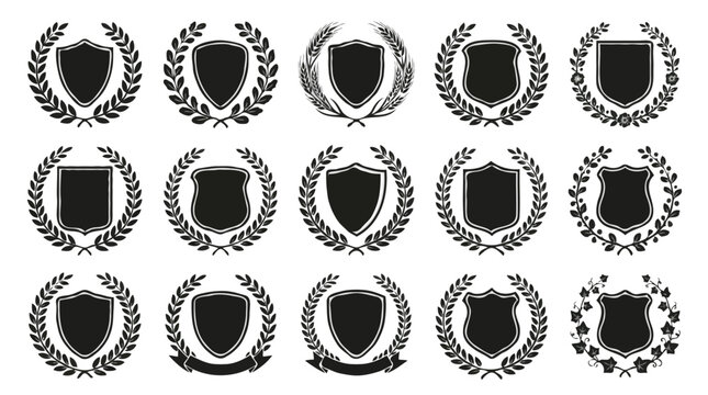 Heraldic shield icons set with laurel wreaths wheat ears and oak leaves silhouettes for security logo