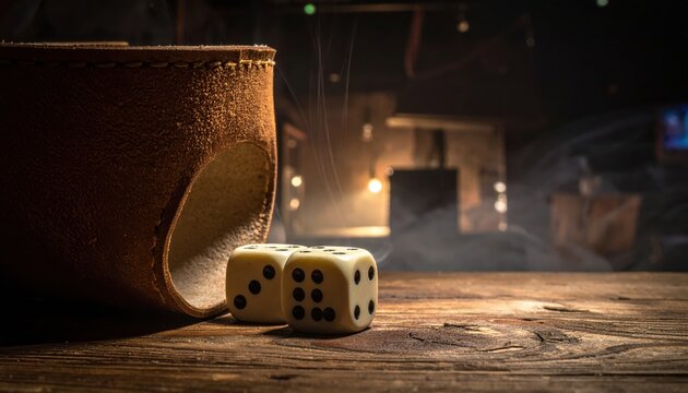 A worn leather dice cup and two ivory dice rest on a rustic wooden table with a blurred background