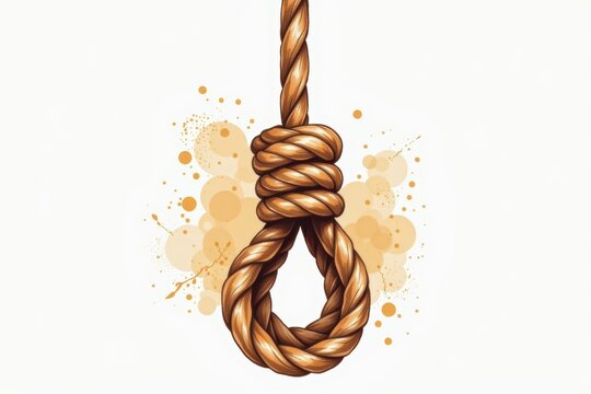 Illustration of a coiled noose made of twisted rope with a watercolor splash background.