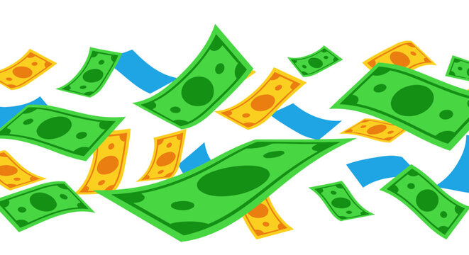 Falling Money Seamless Pattern - Green and Yellow Bills Flying
