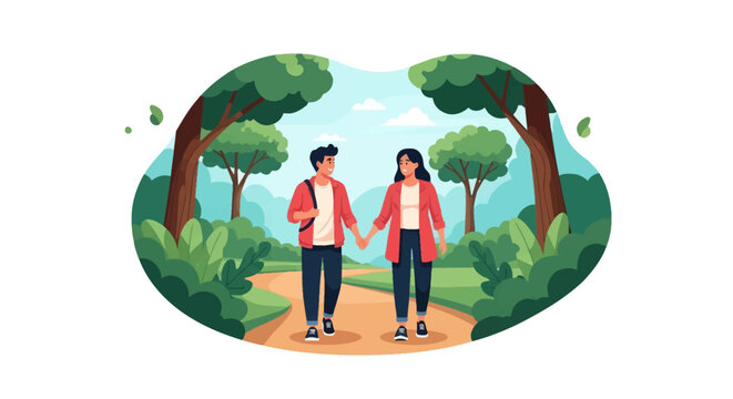 Flat vector illustration of a young man and woman holding hands while walking on a dirt path through a green forest park, wearing matching red jackets and casual outfits.