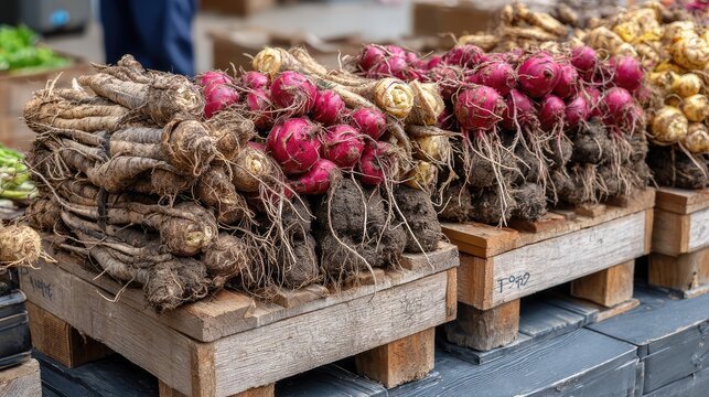 Fresh root vegetables displayed at a local market showcasing a vibrant assortment of colorful red onions and earthy salsify alongside rustic wooden crates.