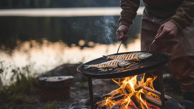 Man cooking freshly caught fish on an open fire rustic grill outdoor