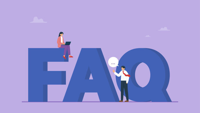 Help, instruction and support information concept. Woman sitting on giant FAQ while other asking questions and getting answers.