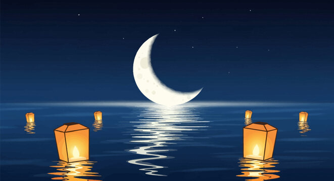 Large white crescent moon over dark blue calm sea at night with orange glowing floating lanterns and reflections on water surface under a clear starry sky vector illustration.