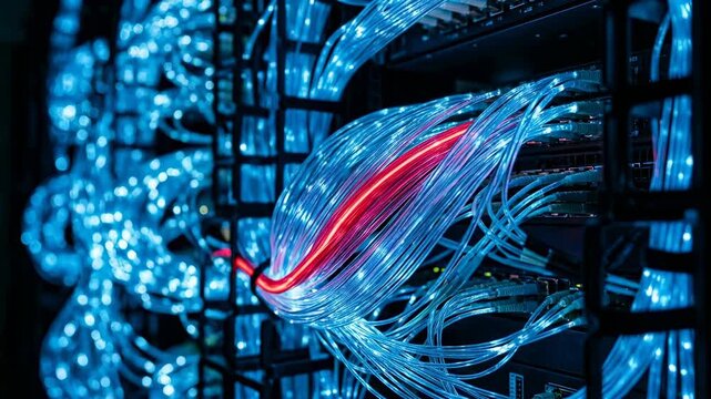 Fiber optic cable network technology data center server glowing blue wire red connection stream internet digital communication high speed bandwidth