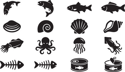 Naklejka premium Marine Life, Seashells, and Seafood Black Silhouette Vector Icon Set