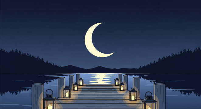 Vector illustration of a large crescent moon over a calm lake at night with a wooden dock in the foreground featuring glowing candle lanterns and silhouette mountain treeline.