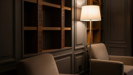 Fototapeta premium Luxurious dark gray room features plush armchairs, a glowing floor lamp, and decorative Wallpaper Background image