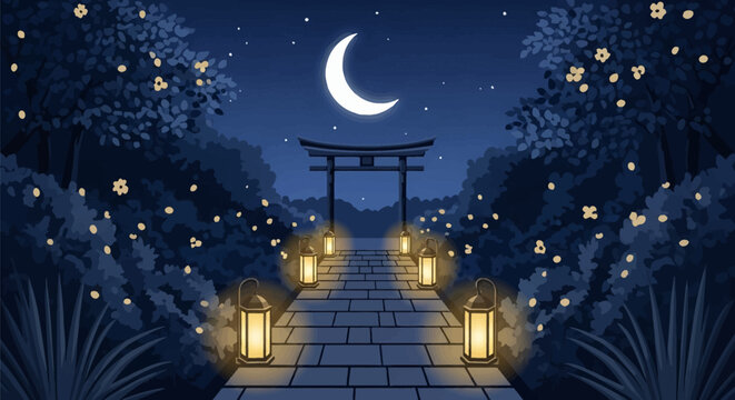 Vector illustration of a stone path lined with glowing lanterns leading to a Japanese torii gate under a crescent moon and starry night sky in a garden with dark blue foliage.