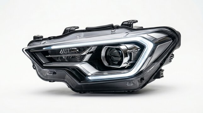 Car headlight, modern vehicle headlamp, sleek automotive lighting, black and silver