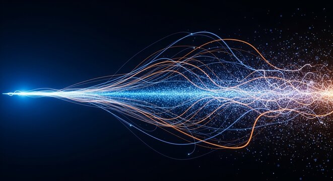 Abstract digital data stream with glowing blue and orange light trails on dark background, illustrating technology, connectivity, and big data concepts.