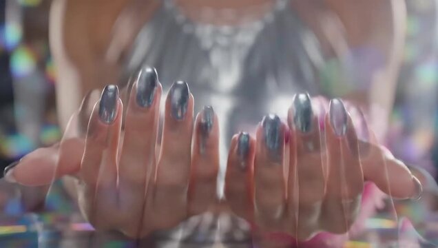 Silver Glamour - Close-Up of Hands with Metallic Nails.