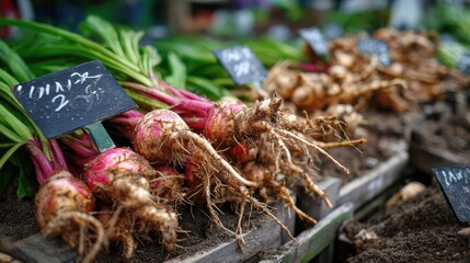 Naklejka premium Fresh and Vibrant Organic Radishes with Green Tops Displayed on Wooden Table at Farmers Market, Showcasing Healthy Produce and Sustainable Agriculture Practices