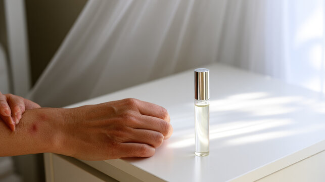Woman hand scratching mosquito bite on arm near clear gel tube on white nightstand in sunlit bedroom with sheer curtain and minimalist background
