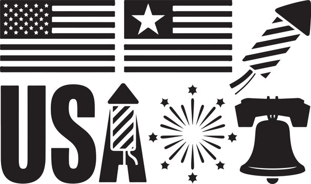 Usa patriotic graphic with flags, fireworks, and liberty bell