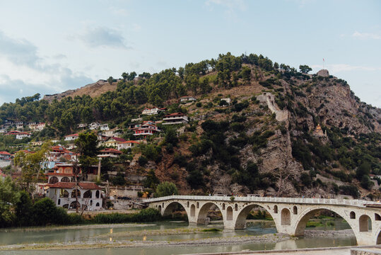 Gorica Bridge beneath Berat Castle hillside in Berat, Albania