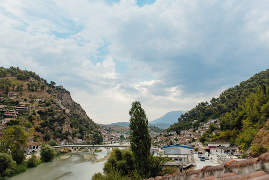Panoramic view of Gorica Bridge and Berat Castle hillside in Berat