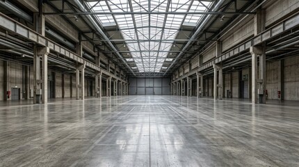 Obraz premium Spacious industrial warehouse with high ceiling, large skylights and empty concrete floor