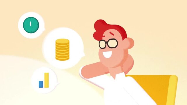 Thoughtful Man Sitting at Desk Imagining Financial Growth Coins and Business Analytics 2D Animation