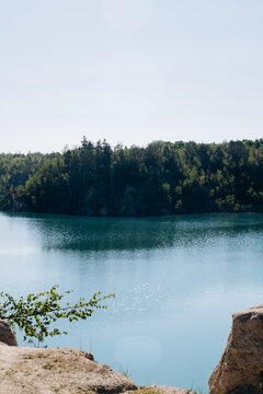 Pine Trees Turquoise Lake Summer Quarry Landscape
